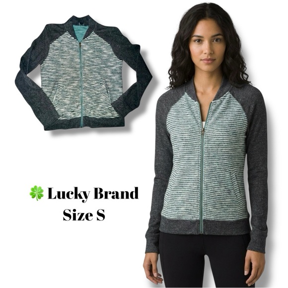 Lucky Brand Sweater Gray Cardigan Striped Mixed Knit Zip-Up Boyfriend Size Small - Picture 11 of 16